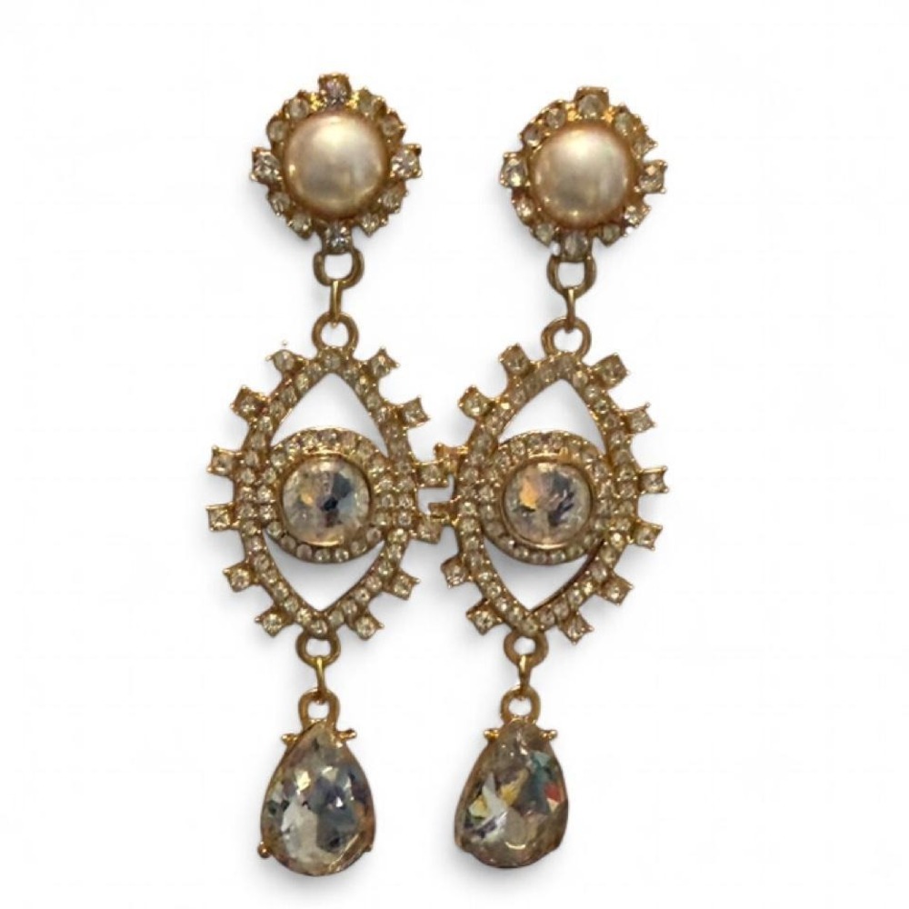 Gold Tone Multi‎ Stone/Pearl Double Drop Earrings